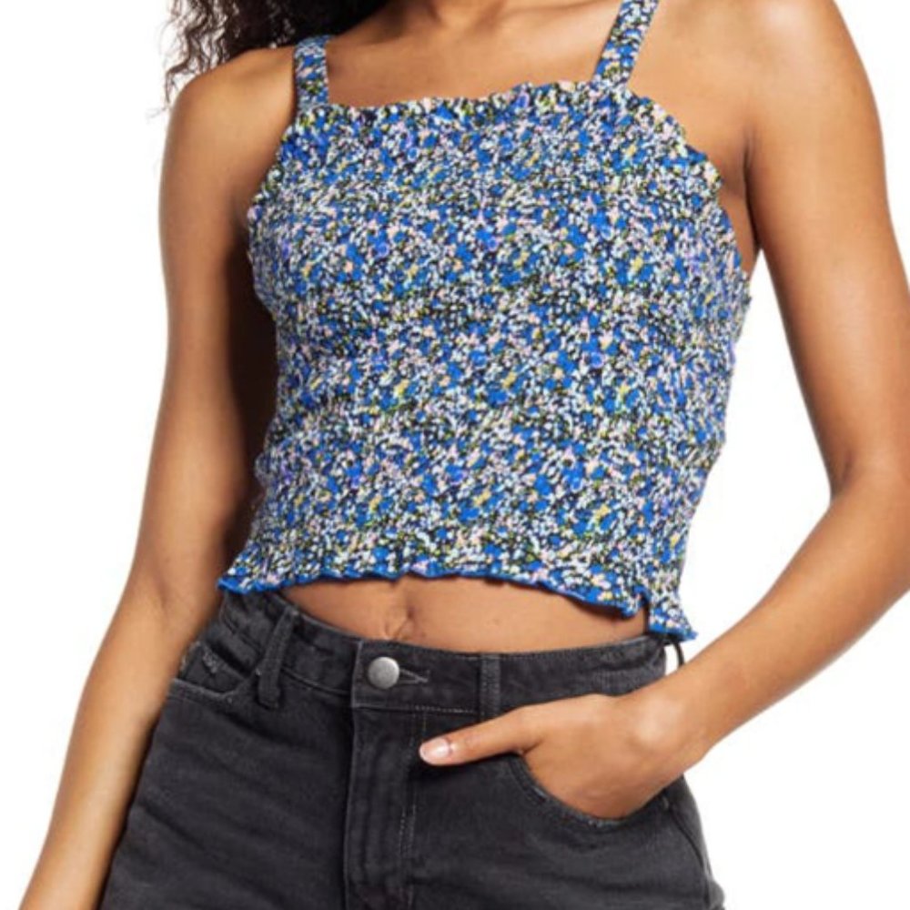 BP Floral Smock Tank Top in Black- Blue Maisey Ditsy Size L
